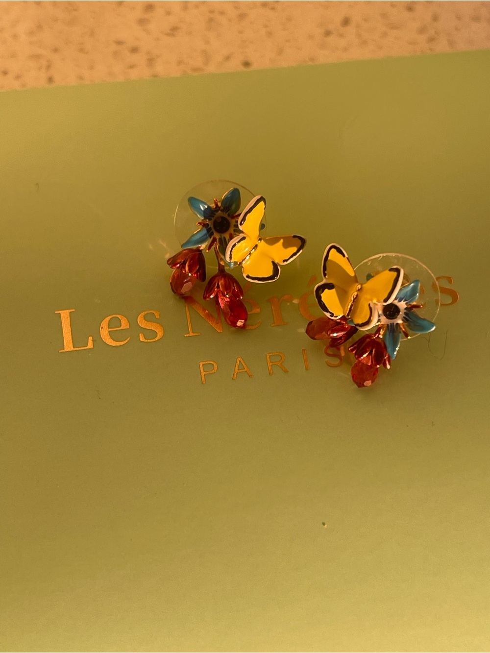 🦋Les Néréides Yellow Butterfly Blue Flower Earrings